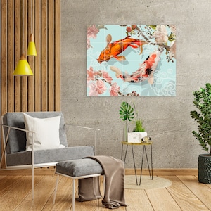 May include: A digital art print featuring two koi fish swimming in opposite directions against a light blue background with pink cherry blossoms and white clouds.