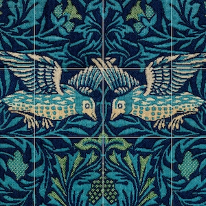 May include: A repeating pattern featuring two stylized birds facing each other, set against a backdrop of teal and navy blue foliage. The birds are light blue with beige accents, and the leaves have teal and green details. The design is reminiscent of a vintage textile.