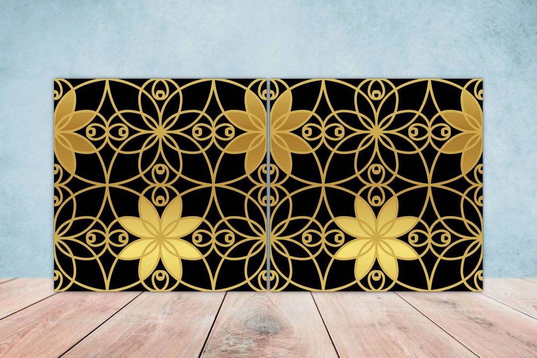 Black and Gold Tiles Set of 2 Black and Gold Flower Wall Decor Tiles ...