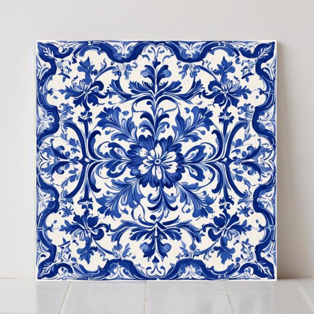 Portuguese Azulejo Blue Tile – Watercolor Hand-painted Style Ceramic ...