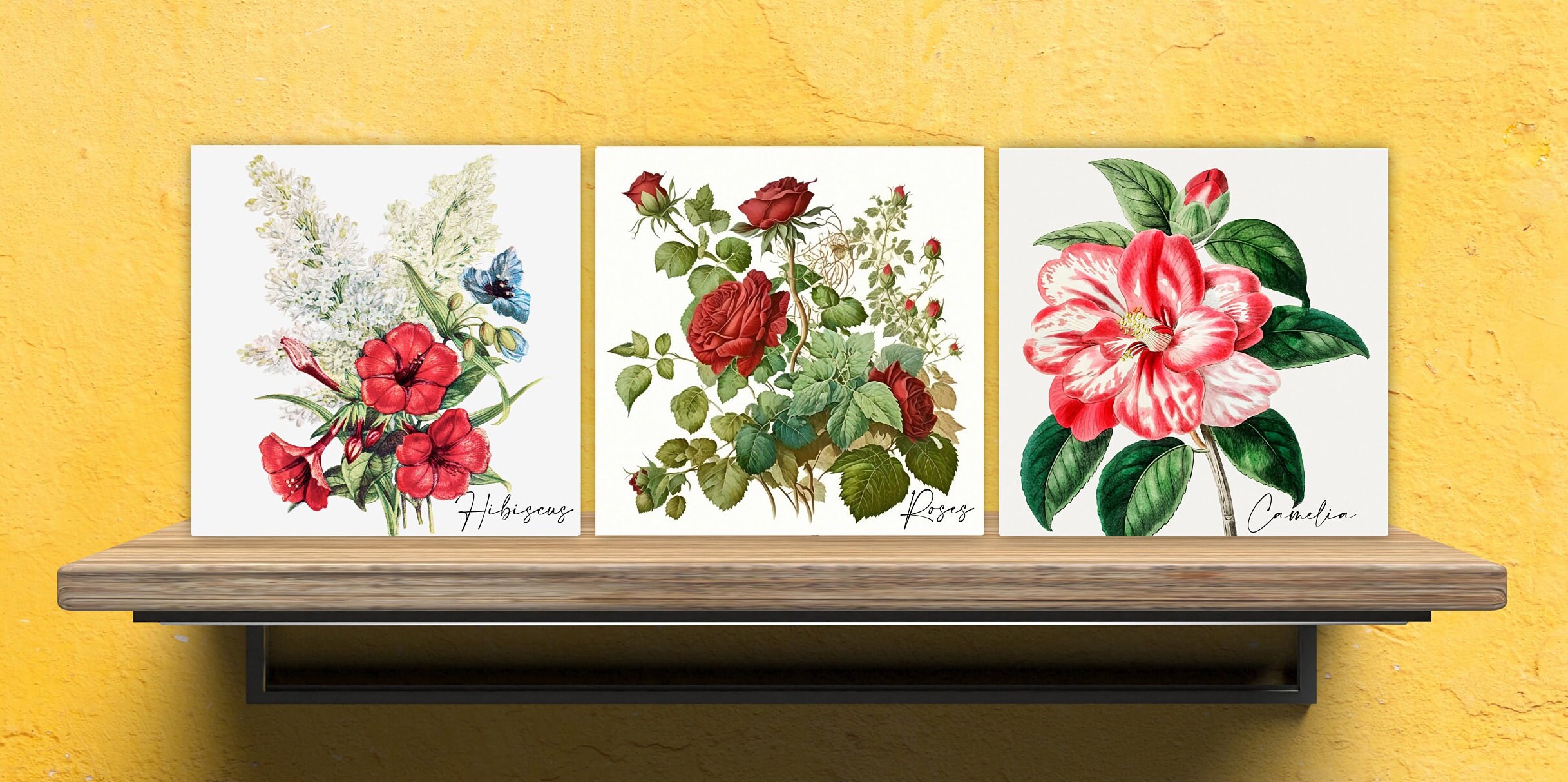 Vintage Botanical Print Ceramic Tiles - Set of 3 Ceramic Decor Tiles - Kitchen Backsplash Tiles, Bathroom Tiles, Botanical wall art