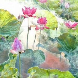 May include: A watercolour painting of pink lotus flowers and large green lily pads. The artwork features several open and closed lotus blossoms, with detailed leaves and a soft, blurred background.