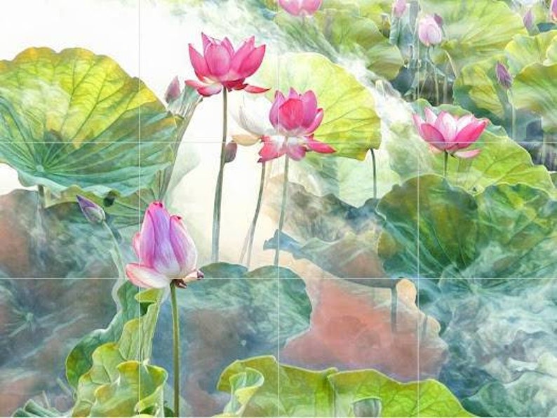May include: A watercolour painting of pink lotus flowers and large green lily pads. The artwork features several open and closed lotus blossoms, with detailed leaves and a soft, blurred background.