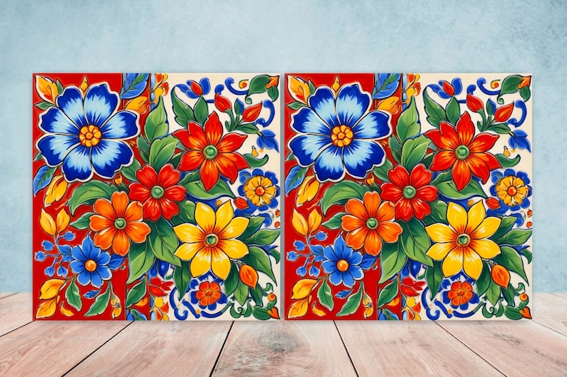 Set of 2 Floral Mexican Ceramic Tiles: Folk Art Wall Decor - Etsy