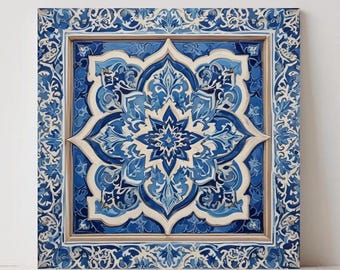 Moroccan Ceramic Tile – Arabesque Wall Art, Arabic Floral Decor, Mediterranean Kitchen Backsplash, Blue Bathroom Fireplace Ceramic Accent