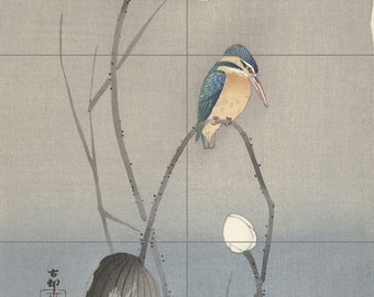 Tile Mural/Mosaic Ceramic Panel of a Kingfisher with Lotus Flower - Ohara Koson - Japanese Art - Tile Mural - Gloss Tiles - Tile Mosaic