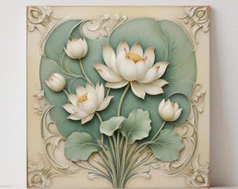 Azulejos de cerâmica Art Nouveau com flor de lótus - Decoração de parede botânica verde, conjunto de 2