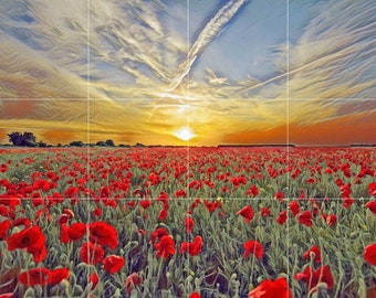 Tile Mural/Mosaic Ceramic Panel of a Poppy Field - Flower Mural - Poppy Wall Art - Tile Mural - Poppy Home Decor - Tile Mosaic