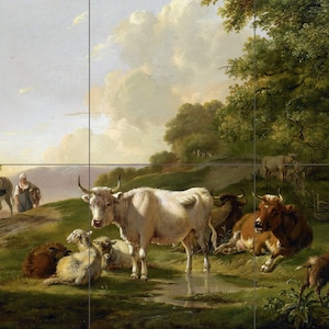 Tile Mural/Mosaic Ceramic Panel of a Gerardus van Os Landscape with Cattle - Cows wall print - van Os Tile Mural - Gloss Tiles -Tile Mosaic