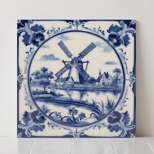 Azulejo cerámico Delft azul con forma de molino de viento - Decoración holandesa para cocinas, baños y el hogar