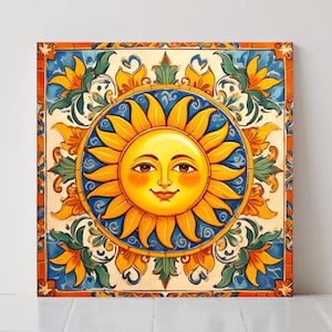 Mexican Sun Ceramic Tiles: Folk Art Kitchen & Bath Decor - Set of 2