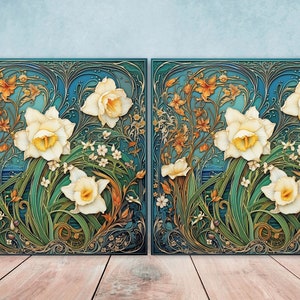 Art Nouveau Flower Ceramic tiles - Set of 2 Art Nouveau Wall Decor Tiles - Kitchen Backsplash Tiles, Table Decorative Tiles, Bathroom Tiles