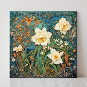 Carreaux de céramique Art nouveau jonquilles - Lot de 2 décorations murales florales