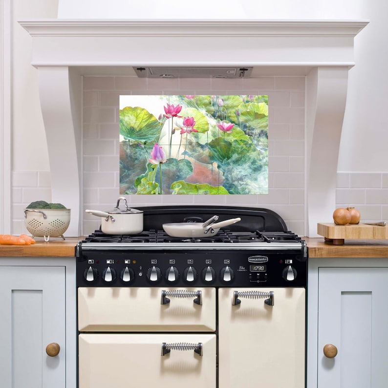 Lotus Flower Tile Mural: Ceramic Mosaic Art Print, Home Decor image 1
