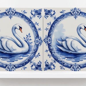 Delft Blue Tile Animal - Bird Tile - Set of 2 Ceramic Delftware Tiles-Delft Prints-Swan Tile - Kitchen Backsplash,Sink,Bathroom,Shower Wall