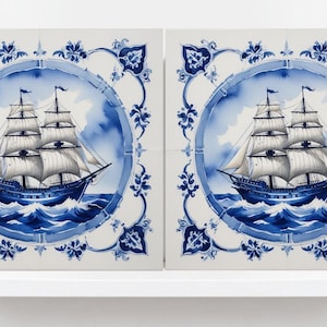 Delft Blue Ceramic Tile - Set of 2 Ceramic Delftware Tiles-Delft Tile with Ship - Delft Prints- Kitchen Backsplash,Sink,Bathroom,Shower Wall