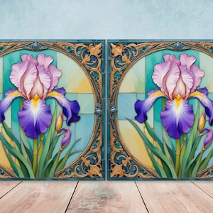 Art Nouveau Flower Ceramic tiles - Set of 2 Art Nouveau Irises Wall Decor Tiles - Kitchen Backsplash Tiles, Bathroom Tiles