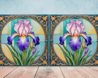 May include: Two stained glass panels featuring a purple and pink iris flower with green leaves in a gold and blue frame.