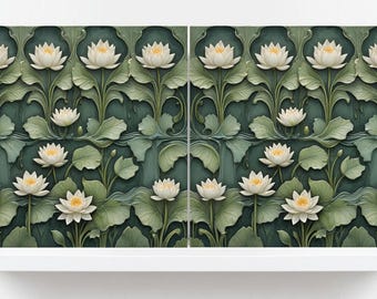 Art Nouveau Lotus Flower Ceramic Tiles - Botanical Wall Decor, Set of 2