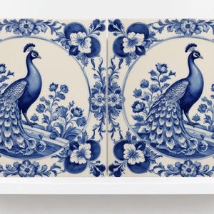 Delft Blue Tile Animal-Bird Tile-Set of 2 Ceramic Delftware Tiles-Delft Prints-Peacock Tiles - Kitchen Backsplash,Sink,Bathroom,Shower Wall