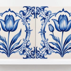 Delft Tulip Tile - Delft Blue Tile - Set of 2 Ceramic Delftware Tiles- Flower Tiles - Delft Prints Wall - Kitchen Backsplash, Sink,Bathroom
