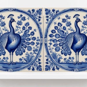 Delft Blue Tile Animal-Bird Tile-Set of 2 Ceramic Delftware Tiles-Delft Prints-Peacock Tiles - Kitchen Backsplash,Sink,Bathroom,Shower Wall