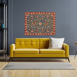 Può includere: Un'opera d'arte murale incorniciata con un design floreale nei toni del verde acqua, arancione e rosso. L'opera d'arte rettangolare è appesa sopra un divano giallo. La stanza ha un'estetica moderna.
