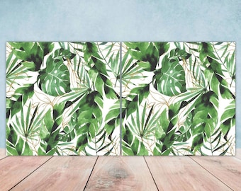 Tropical Leaf Tiles Design - Set of 2 Botanical Wall Decor Leaves Art Tile, Kitchen Backsplash Tiles,Table Decorative Tiles, Bathroom Tiles