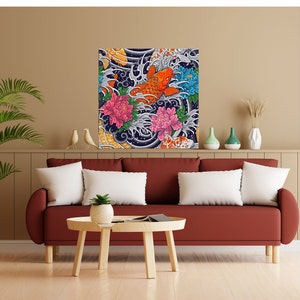 May include: A colorful Japanese-style illustration featuring koi fish swimming through stylized waves and flowers. The fish are orange, yellow, and white, and the flowers are pink, red, and blue.
