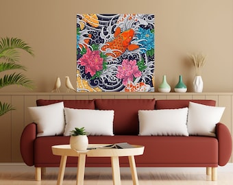 Japanese Koi Fish Tile Mural: Colorful Ceramic Mosaic Panel