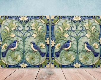 Keramische art nouveau-tegels met vogels en bloemen - set van 2 art nouveau-vogels wanddecoratietegels, vogeltegels - tegels keukenachterwand, badkamertegels