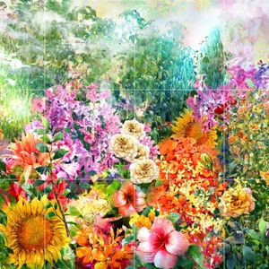 May include: A watercolour painting depicting a colourful garden with a variety of flowers, including sunflowers, roses and hibiscus. The flowers are arranged in a vibrant and whimsical pattern, creating a sense of beauty and tranquillity.