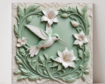 Art Nouveau Hummingbird Ceramic Tiles: Pastel Bird Wall Decor, Set of 2