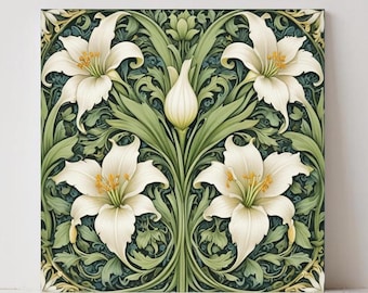 William Morris Inspired Art Nouveau Lily Flower Ceramic Tiles - Set of 2
