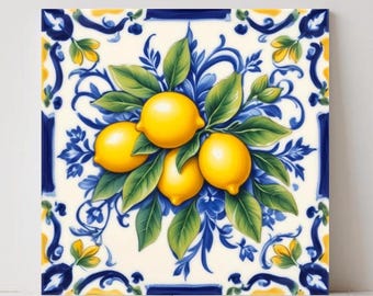 Azulejos de cerámica con diseño de limón, decoración de mayólica italiana, arte mural de la costa de Amalfi, salpicadero mediterráneo.