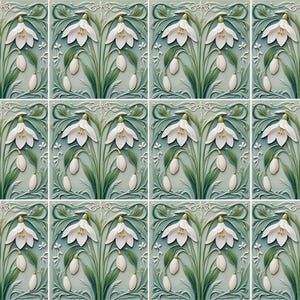 Snowdrop Flower Tile : Art Nouveau Green Ceramic Wall Decor image 5