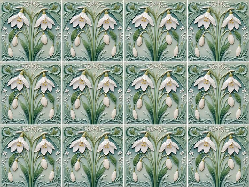 Snowdrop Flower Tile : Art Nouveau Green Ceramic Wall Decor image 5