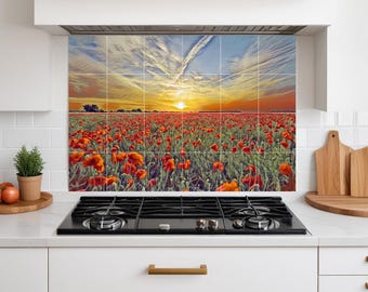 Poppy Field Tile Mural – Red Poppies Meadow Wall Art Backsplash Floral Bathroom Decor