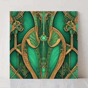 Keramische art-decotegel: smaragdgroen en goud geometrisch muurdecor