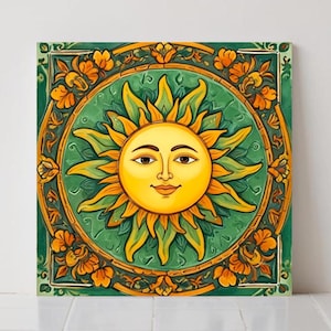 Mexican Sun Ceramic Tiles: Folk Art Kitchen & Bath Decor (Set of 2)