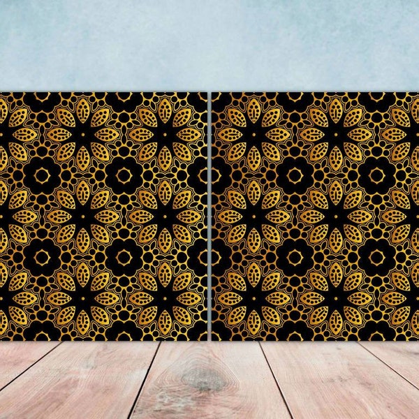 Black and Gold Tile - Set of 2 Black and Gold Wall Decor Flower Tiles - Kitchen Backsplash Tiles, Table Decorative Tiles, Bathroom Tiles