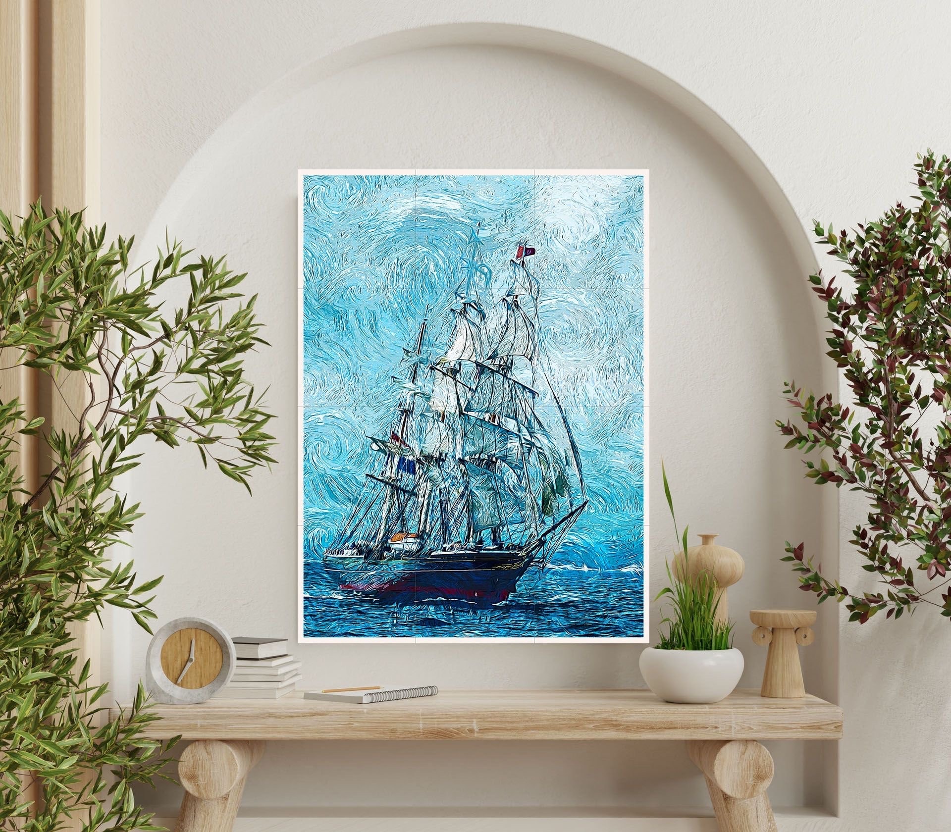 帆船タイル壁画：海の波のセラミックパネル、海景ホームデコレーション