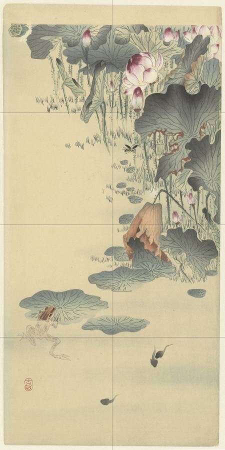 Tile Mural/Mosaic Ceramic Panel of a Frog and Tadpoles - Ohara Koson Painting-  Japan Art- Japanese Mural -Gloss Tiles - Frog Tile Mosaic