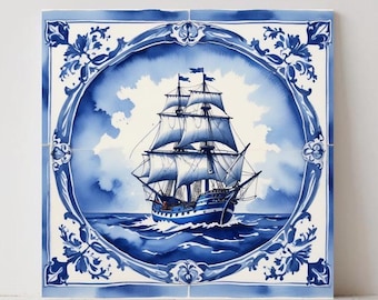 Delft Blue Keramik Schiff Kachel - Aquarell Nautische Wandkunst