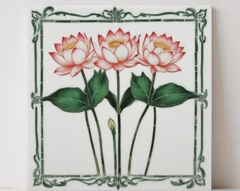 Azulejos de cerâmica com flor de lótus Art Nouveau - Conjunto de 2 azulejos decorativos