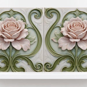 Art Nouveau Tile Rose Flower Ceramic Tiles - Set of 2 Art Nouveau Wall Decor Tiles -Kitchen Backsplash Tiles,Bathroom Tiles, Shower Wall Art