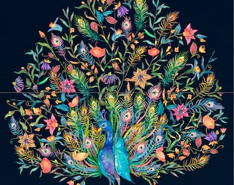 Tile Mural/Mosaic Ceramic Panel of a Peacock and flowers - Colourful Wall Nature Art - Tile Mural - Gloss Tiles - Tile Mosaic