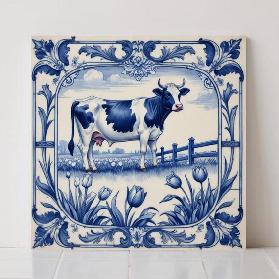 デルフトブルーの牛タイル：オランダのキッチンバックスプラッシュ
