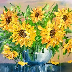 Tile Mural/Mosaic Ceramic Panel of a Sunflower - Flowers in a Vase Art - Floral Wall Art - Flower Tile Mural - Gloss Tiles - Tile Mosaic