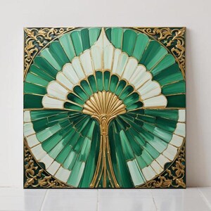 Azulejo cerámico Art Déco: Decoración geométrica de pared verde y dorada